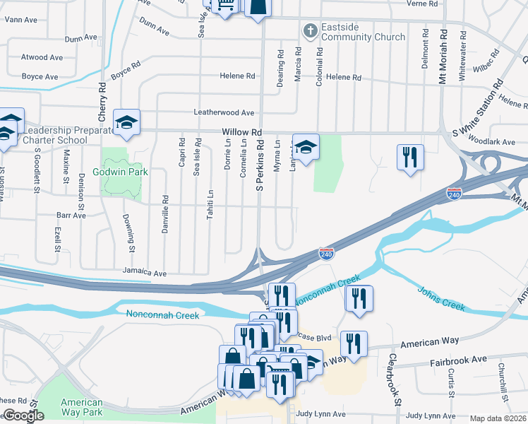 map of restaurants, bars, coffee shops, grocery stores, and more near 1826 South Perkins Road in Memphis