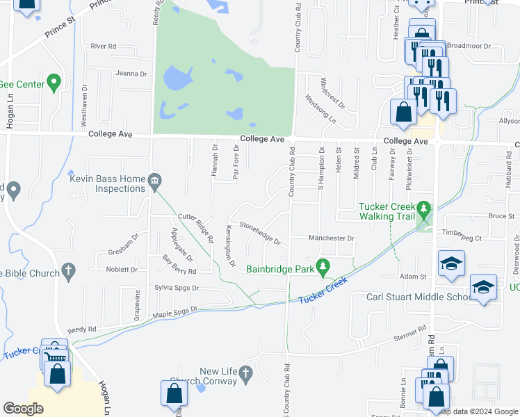 map of restaurants, bars, coffee shops, grocery stores, and more near 8 Kensington Drive in Conway
