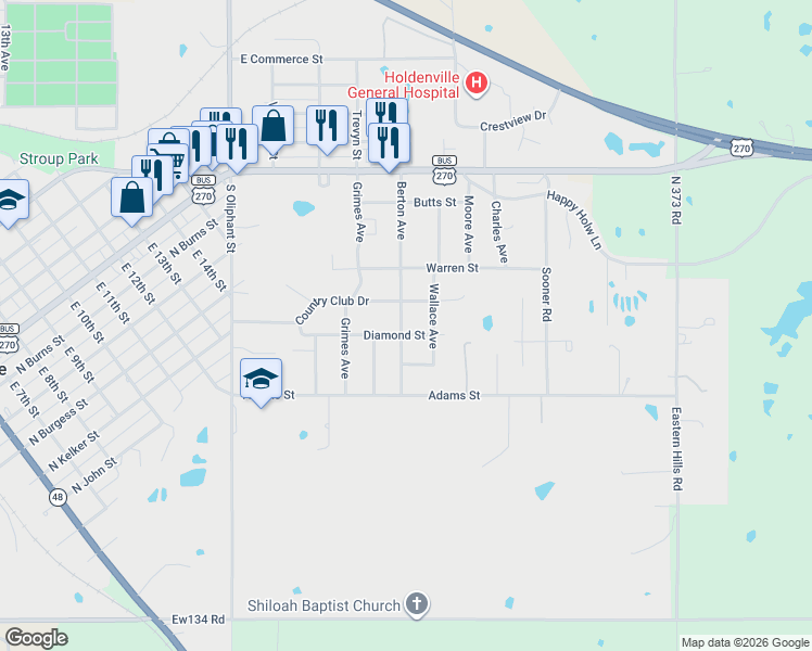 map of restaurants, bars, coffee shops, grocery stores, and more near 606 Diamond Street in Holdenville