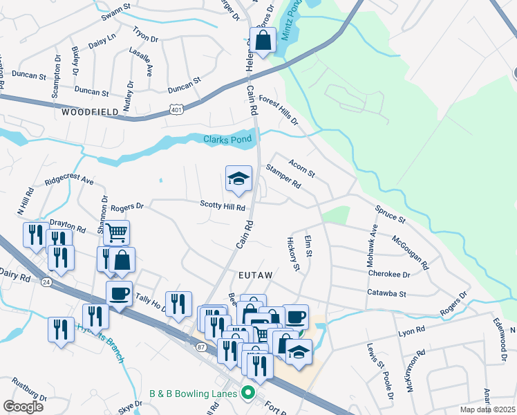 map of restaurants, bars, coffee shops, grocery stores, and more near 2129 Woodbine Avenue in Fayetteville