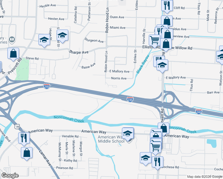 map of restaurants, bars, coffee shops, grocery stores, and more near 3717 Robin Park Circle in Memphis