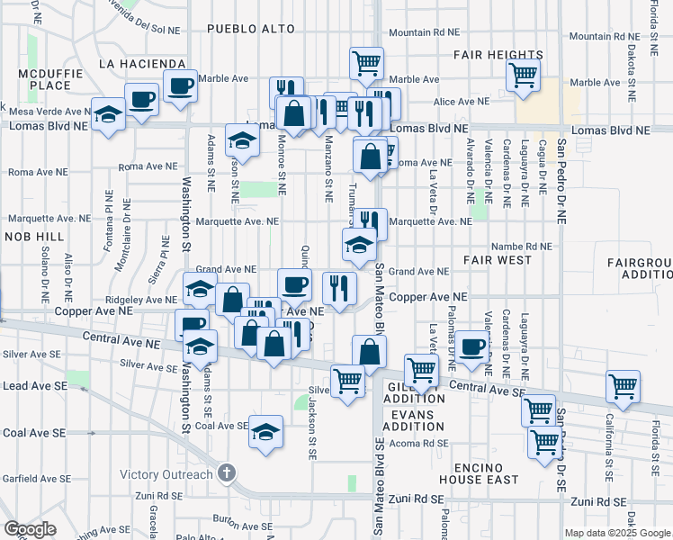 map of restaurants, bars, coffee shops, grocery stores, and more near 5104 Grand Avenue Northeast in Albuquerque