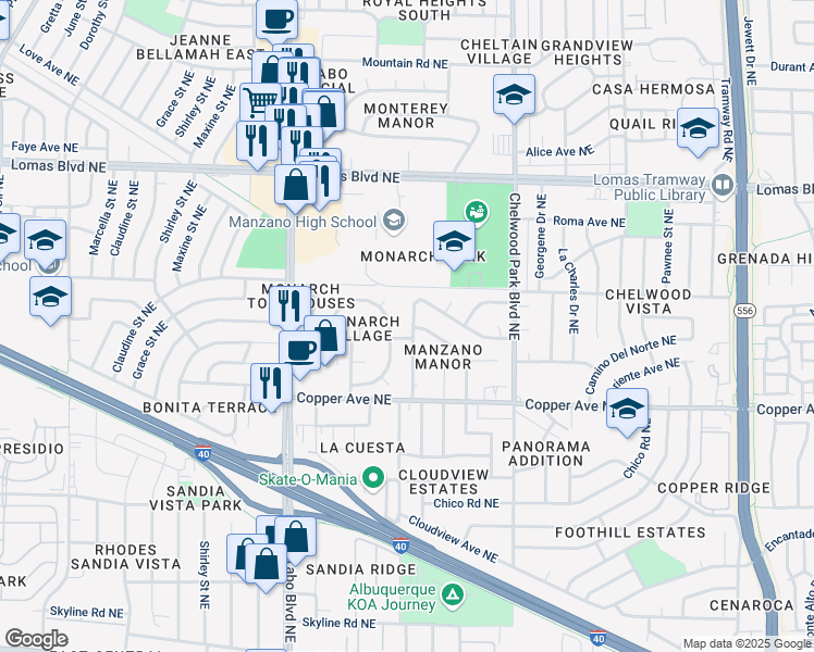 map of restaurants, bars, coffee shops, grocery stores, and more near 709 Burma Drive Northeast in Albuquerque
