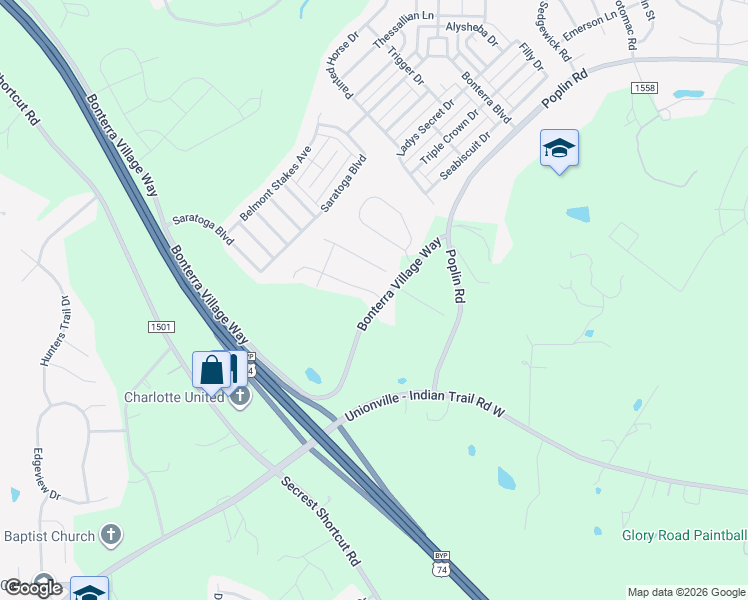 map of restaurants, bars, coffee shops, grocery stores, and more near 6005 Bonterra Village Way in Indian Trail
