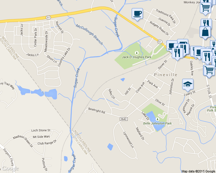 map of restaurants, bars, coffee shops, grocery stores, and more near 242 Eden Circle in Pineville