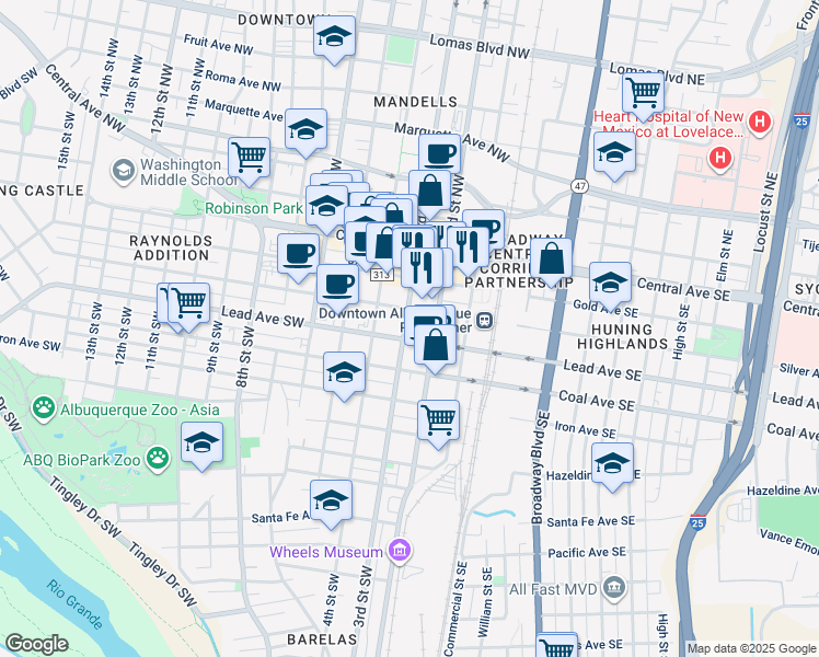 map of restaurants, bars, coffee shops, grocery stores, and more near 335 Platinum Street Southwest in Albuquerque