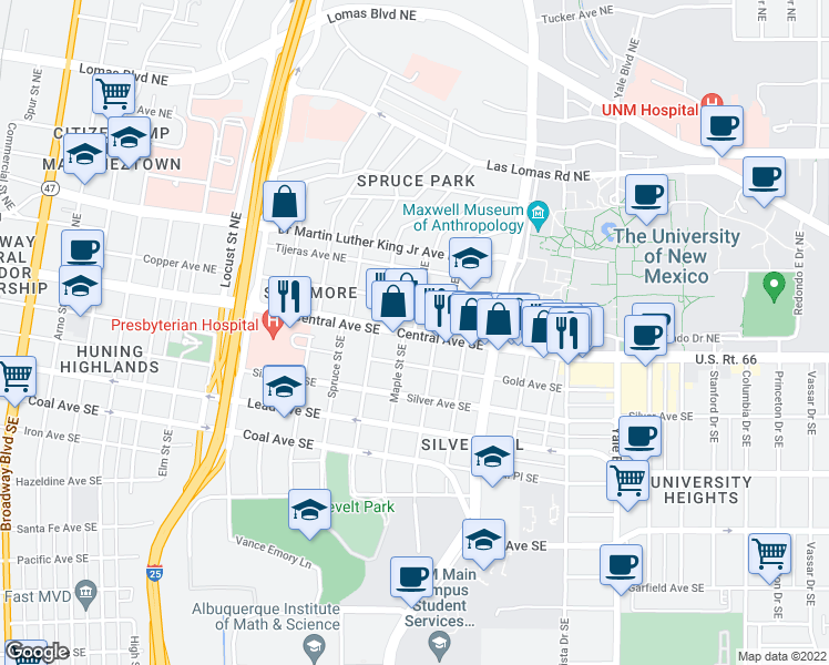 map of restaurants, bars, coffee shops, grocery stores, and more near Central Ave NE & Maple St NE in Albuquerque