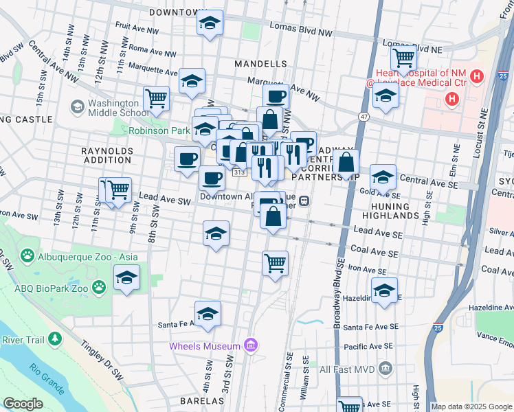map of restaurants, bars, coffee shops, grocery stores, and more near 335 Platinum Street Southwest in Albuquerque