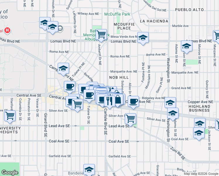 map of restaurants, bars, coffee shops, grocery stores, and more near 301 Hermosa Drive Southeast in Albuquerque