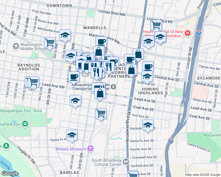 map of restaurants, bars, coffee shops, grocery stores, and more near in Albuquerque