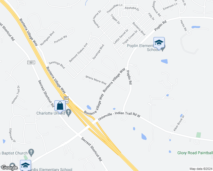 map of restaurants, bars, coffee shops, grocery stores, and more near 6005 Bonterra Village Way in Indian Trail