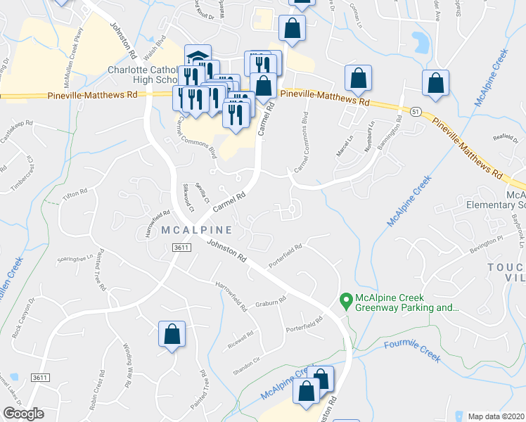map of restaurants, bars, coffee shops, grocery stores, and more near 6530 Point Comfort Lane in Charlotte
