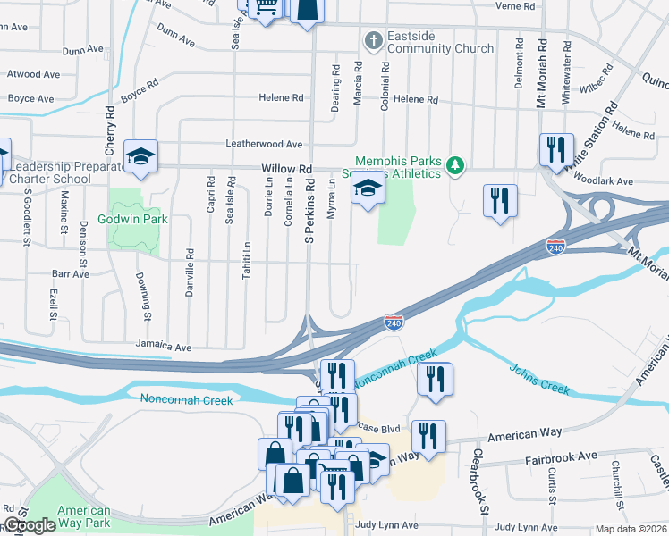 map of restaurants, bars, coffee shops, grocery stores, and more near 4696 Mallory Avenue in Memphis