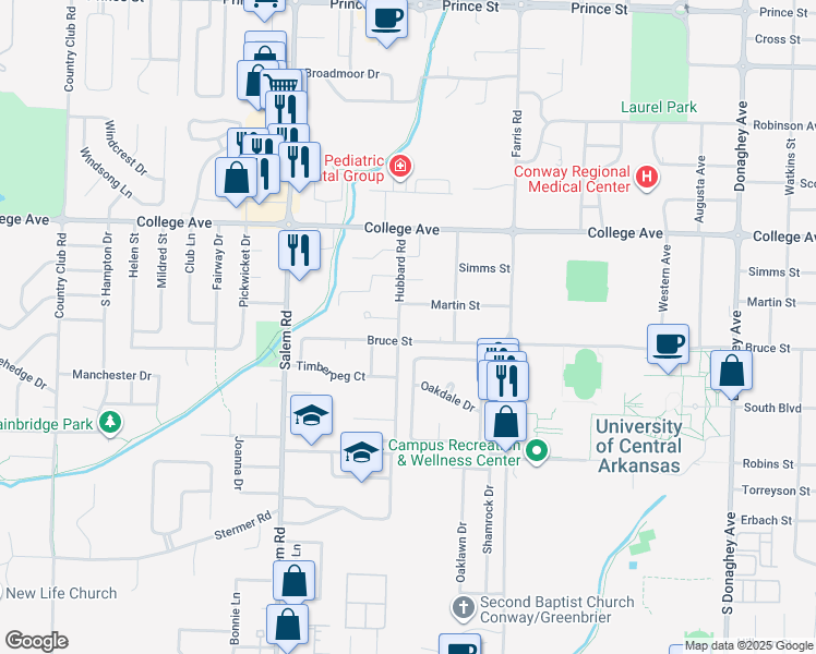 map of restaurants, bars, coffee shops, grocery stores, and more near 315 Hubbard Road in Conway