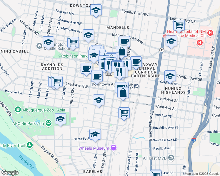 map of restaurants, bars, coffee shops, grocery stores, and more near 344 4th Street Northwest in Albuquerque