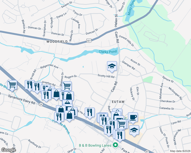 map of restaurants, bars, coffee shops, grocery stores, and more near 3205 Scotty Hill Road in Fayetteville