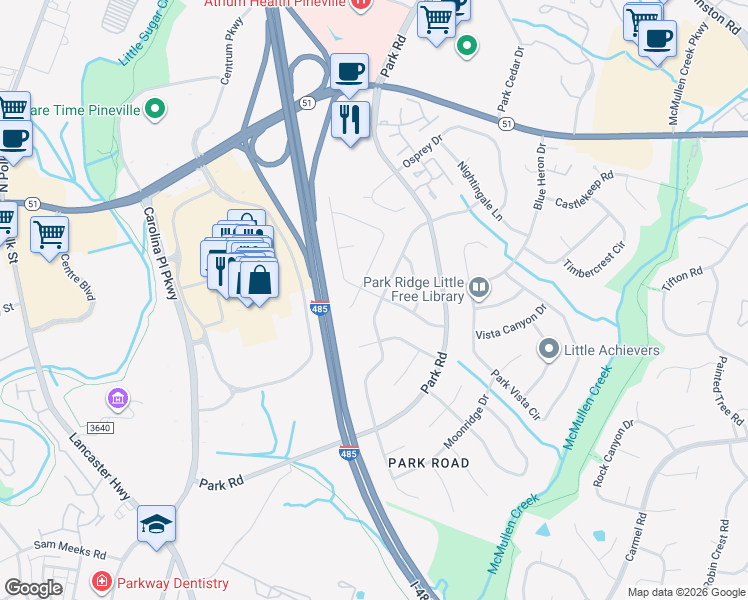 map of restaurants, bars, coffee shops, grocery stores, and more near 11000 Kingfisher Drive in Charlotte