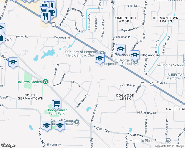 map of restaurants, bars, coffee shops, grocery stores, and more near 2450 Sanders Ridge Lane in Germantown