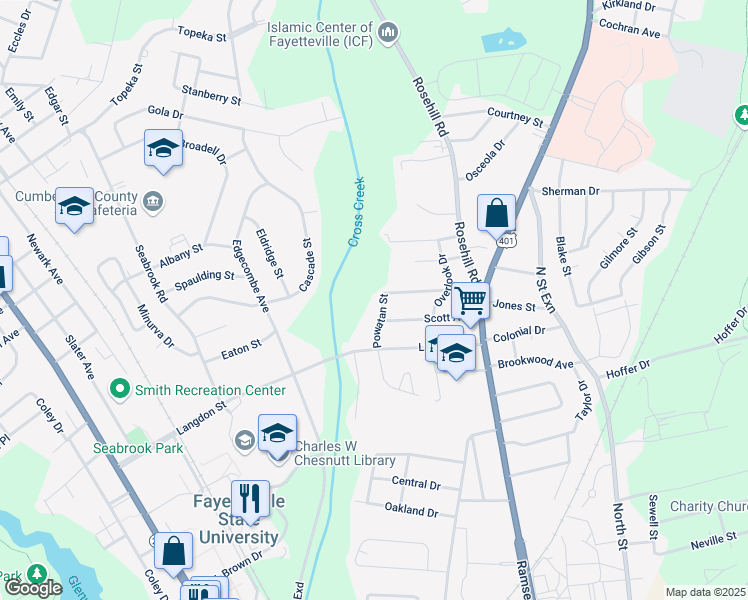 map of restaurants, bars, coffee shops, grocery stores, and more near 1815 Powatan Street in Fayetteville