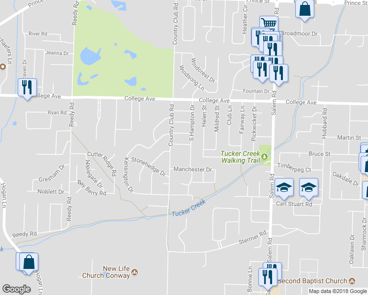 map of restaurants, bars, coffee shops, grocery stores, and more near 3183 Stimple Drive in Conway