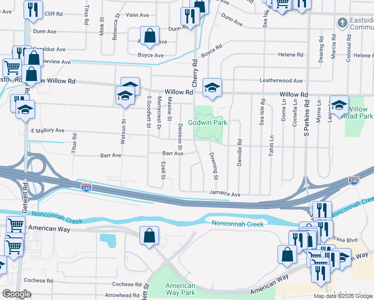 map of restaurants, bars, coffee shops, grocery stores, and more near 4338 Barr Avenue in Memphis