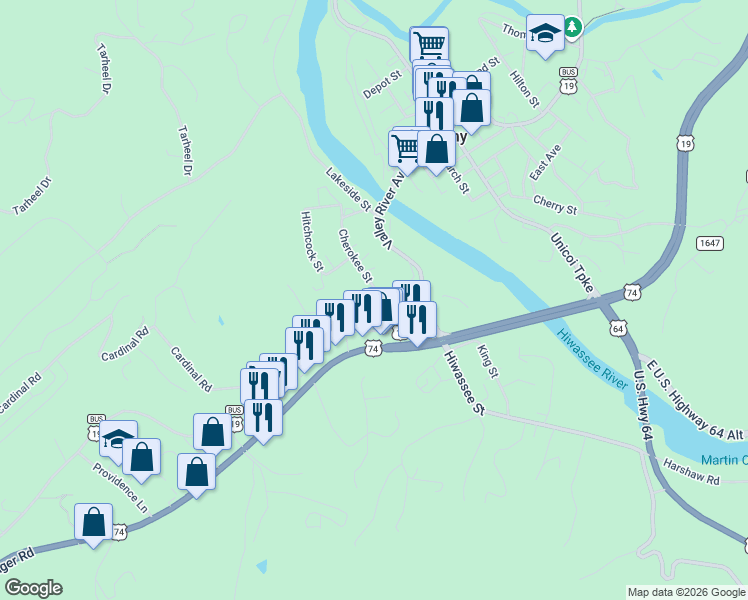 map of restaurants, bars, coffee shops, grocery stores, and more near 23 Fort Butler Street in Murphy