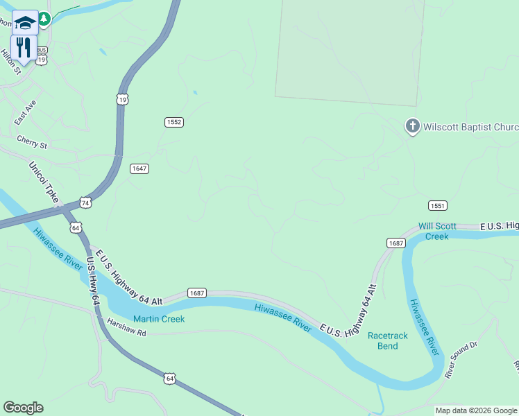 map of restaurants, bars, coffee shops, grocery stores, and more near 21 Locust Loop Lane in Murphy