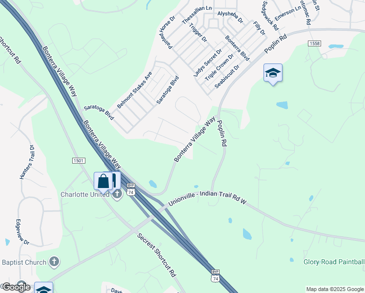 map of restaurants, bars, coffee shops, grocery stores, and more near 105 Briana Marie Way in Indian Trail