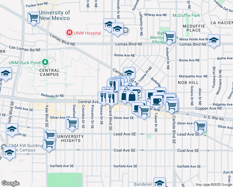 map of restaurants, bars, coffee shops, grocery stores, and more near 2933 Monte Vista Boulevard Northeast in Albuquerque