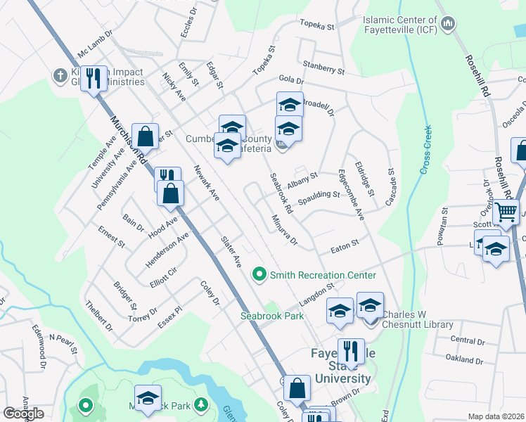 map of restaurants, bars, coffee shops, grocery stores, and more near 1635 Minurva Drive in Fayetteville