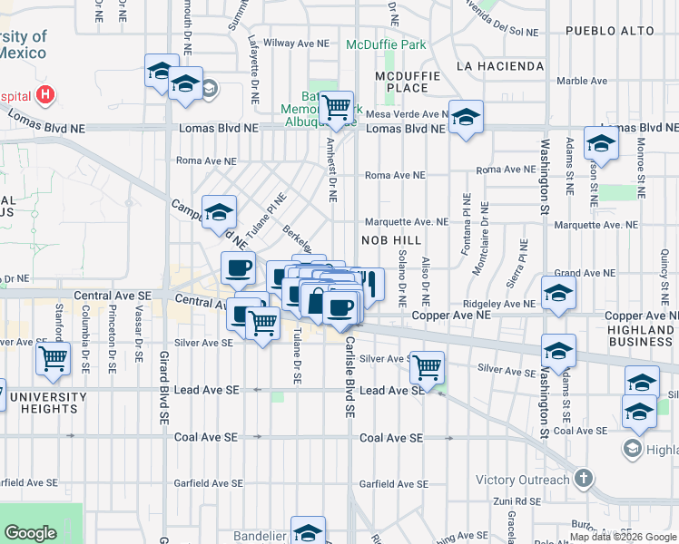 map of restaurants, bars, coffee shops, grocery stores, and more near 3504 Grand Avenue Northeast in Albuquerque