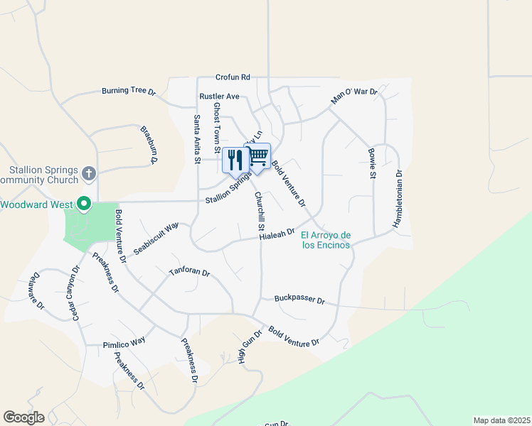 map of restaurants, bars, coffee shops, grocery stores, and more near 18120 Churchill Street in Tehachapi