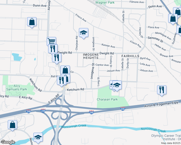 map of restaurants, bars, coffee shops, grocery stores, and more near 2323 Imogene Street in Memphis