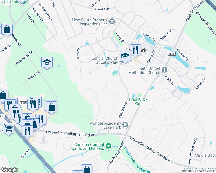 map of restaurants, bars, coffee shops, grocery stores, and more near 3616 Brookstone Trail in Indian Trail