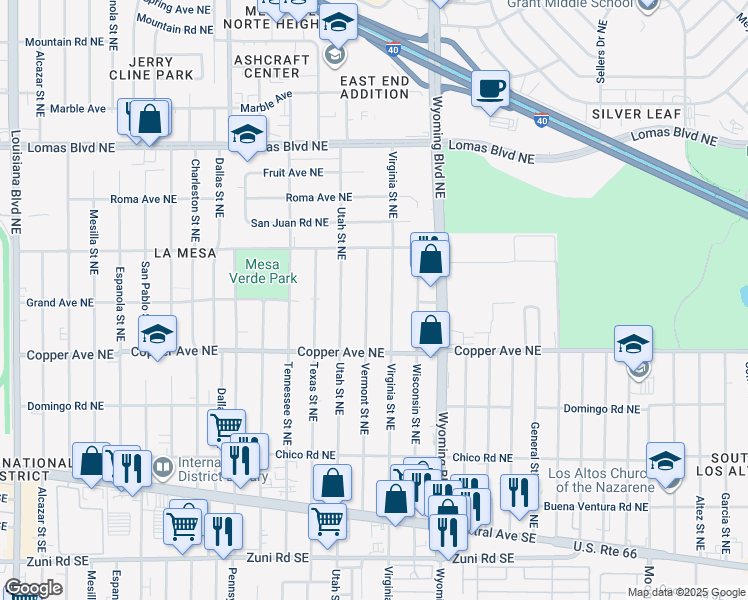 map of restaurants, bars, coffee shops, grocery stores, and more near 507 Vermont Street Northeast in Albuquerque