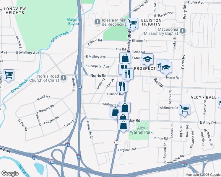 map of restaurants, bars, coffee shops, grocery stores, and more near 1255 Newark Avenue in Memphis
