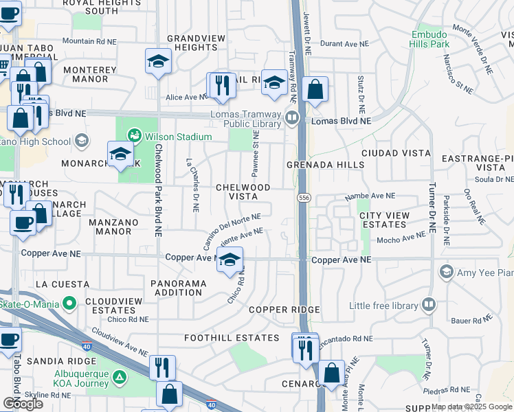 map of restaurants, bars, coffee shops, grocery stores, and more near 13224 Monarch Drive Northeast in Albuquerque