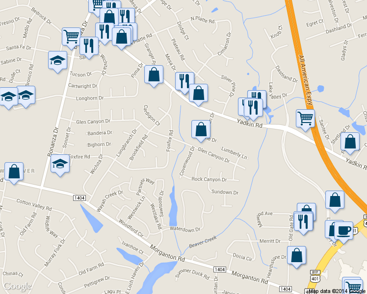 map of restaurants, bars, coffee shops, grocery stores, and more near 506 Glen Canyon Drive in Fayetteville