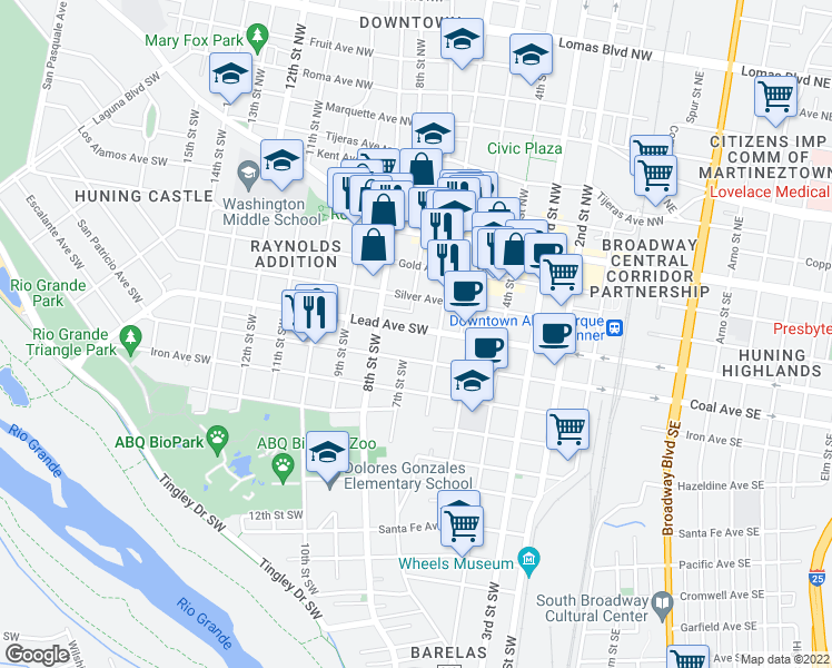 map of restaurants, bars, coffee shops, grocery stores, and more near 2 Lead Avenue Southwest in Albuquerque
