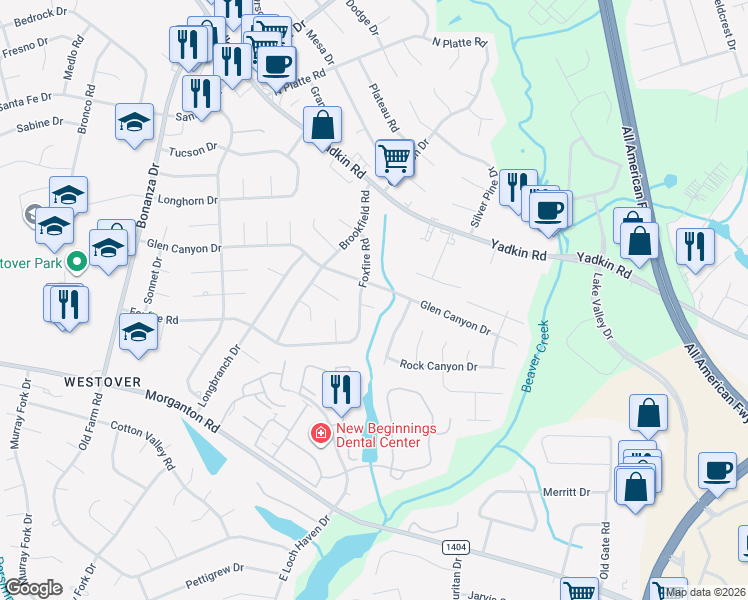 map of restaurants, bars, coffee shops, grocery stores, and more near 506 Glen Canyon Drive in Fayetteville