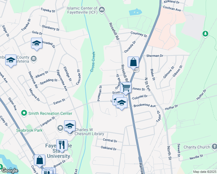 map of restaurants, bars, coffee shops, grocery stores, and more near 215 Sunset Avenue in Fayetteville