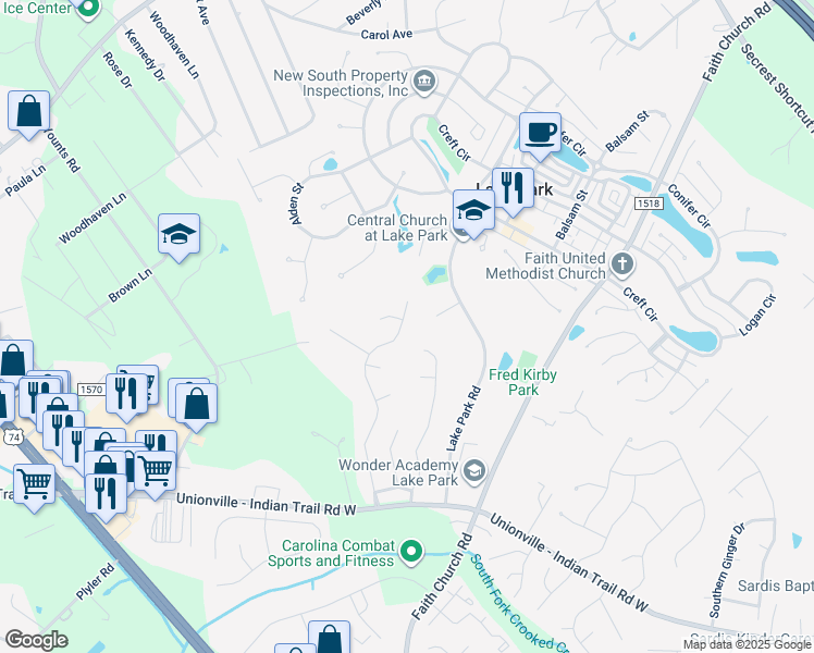 map of restaurants, bars, coffee shops, grocery stores, and more near 3616 Brookstone Trail in Indian Trail