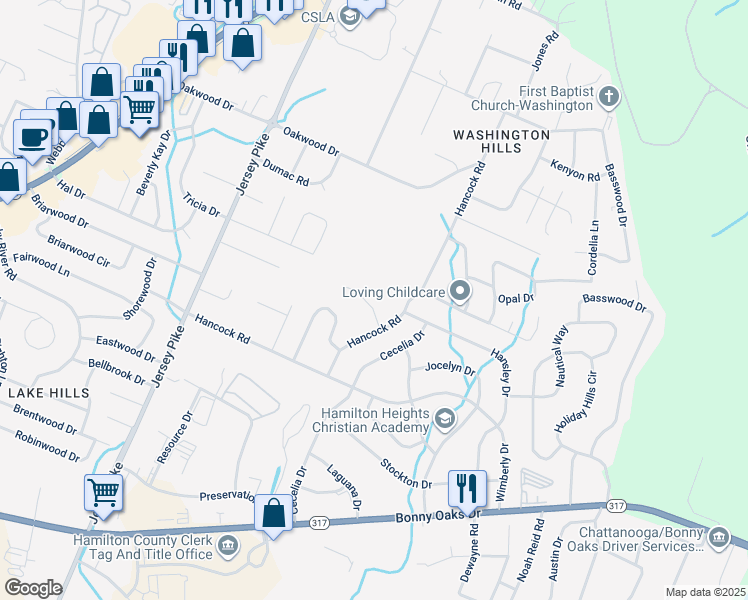 map of restaurants, bars, coffee shops, grocery stores, and more near 6227 Hansley Drive in Chattanooga
