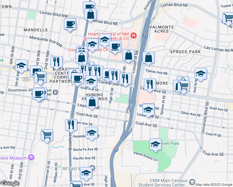 map of restaurants, bars, coffee shops, grocery stores, and more near 716 Gold Avenue Southeast in Albuquerque
