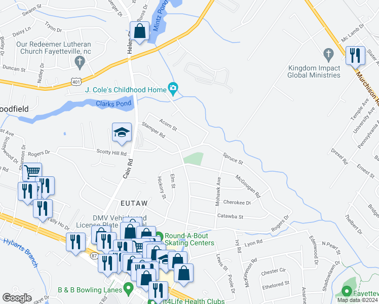 map of restaurants, bars, coffee shops, grocery stores, and more near 1939 Spruce Street in Fayetteville