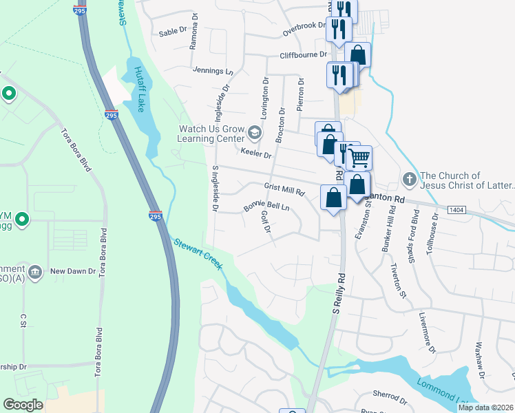 map of restaurants, bars, coffee shops, grocery stores, and more near 6603 Bonnie Bell Lane in Fayetteville