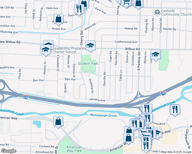 map of restaurants, bars, coffee shops, grocery stores, and more near 4427 Mallory Road in Memphis