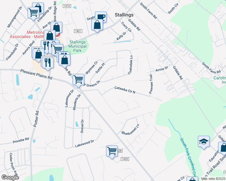map of restaurants, bars, coffee shops, grocery stores, and more near 326 Catawba Circle South in Matthews