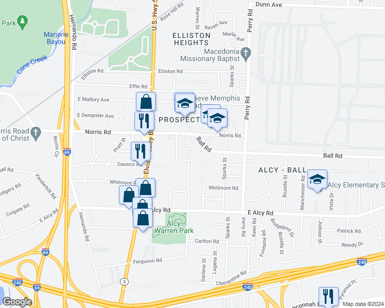 map of restaurants, bars, coffee shops, grocery stores, and more near 2324 East Warren Street in Memphis