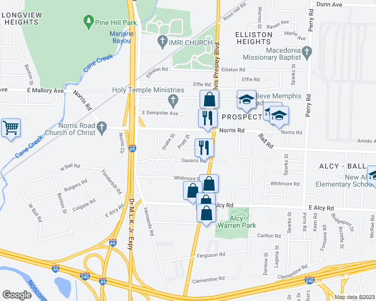 map of restaurants, bars, coffee shops, grocery stores, and more near 1263 Newark Avenue in Memphis